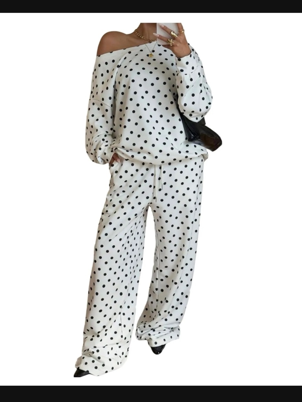 SHEIN Black Polka Dot Off-Shoulder Lounge Set